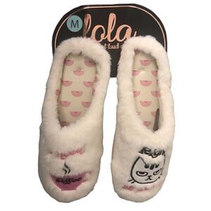 NWT LOLA Off White Bedroom Slippers Clogs Coffee & Cat Lovers Rubber Sole Sz 7.5